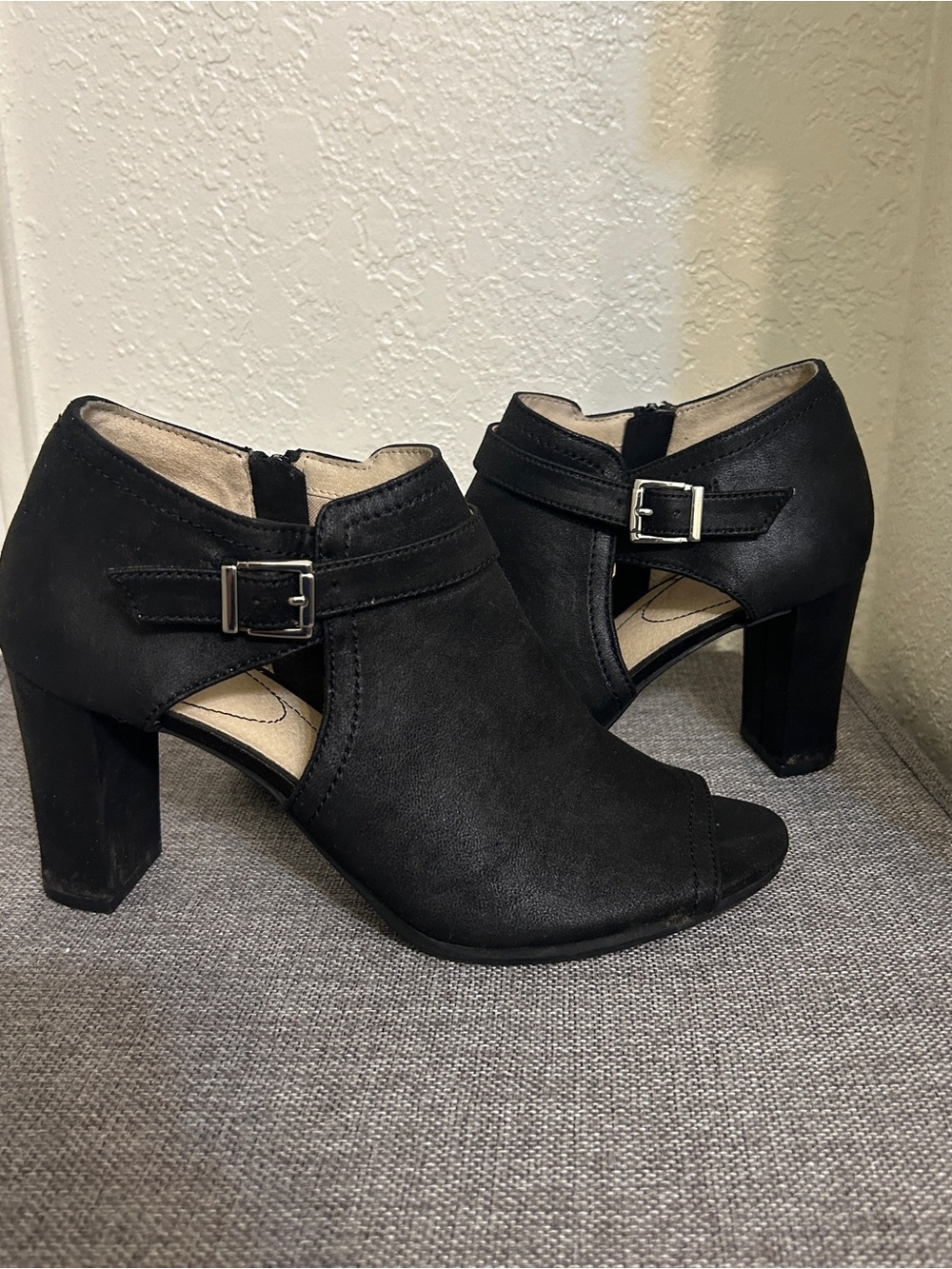 Life Stride Black Open-Toe Block Heel Booties with Buckle